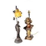 A polished lamp base modelled as a bust of a young lady with flowers in her hair,