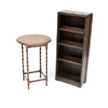 A small oak open bookcase with three fixed shelves, width 45cm, height 109cm,