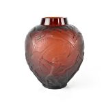 A Rene Lalique Archers deep amber vase, moulded and frosted glass, etched signature and no.