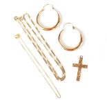 Various items of gold jewellery including a 9ct gold cross, a pair of 9ct hoop earrings,