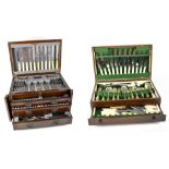 A mahogany cutlery chest containing partial silver plated cutlery set contained within three