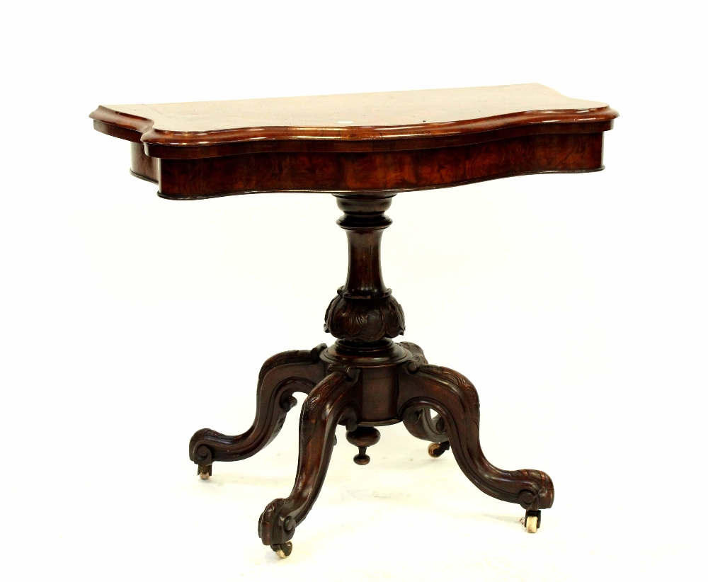 A William IV walnut fold-over serpentine top card table on tripod cabriole base, width 90cm, - Image 3 of 7