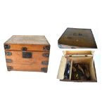 A small metal-bound pine box with internal candle box, width 41cm, height 30cm, depth 32cm,