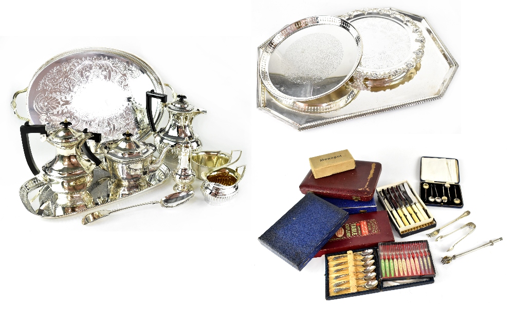 A large quantity of plated items to include trays, tea sets, cased flatware, etc.