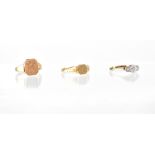 Three 9ct gold rings including two signet rings and a three small diamond illusion-set ring,