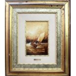 F SANCHIS; an oil on board, crashing waves with sailing boats in sepia colour tone,