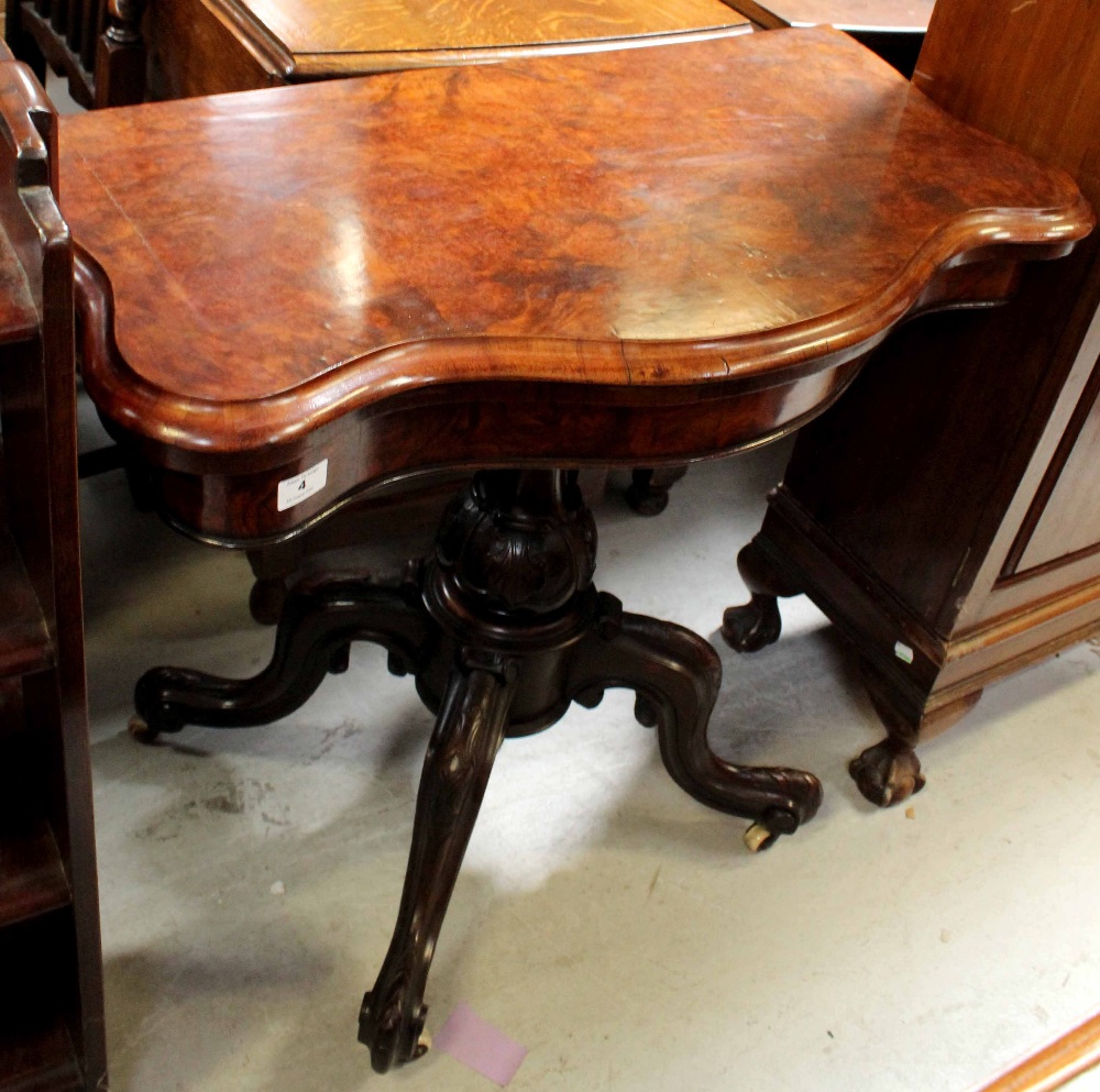 A William IV walnut fold-over serpentine top card table on tripod cabriole base, width 90cm, - Image 4 of 7