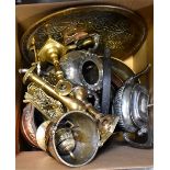 A collection of brass and copper to include fish kettle, coal scuttle, tea urn, candlesticks, etc.