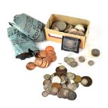 A quantity of various UK and world coins and tokens including silver 1814 shilling,