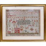 A 19th century sampler by Ann Godfrey aged thirteen, dated 1829, 43 x 54cm, framed and glazed.