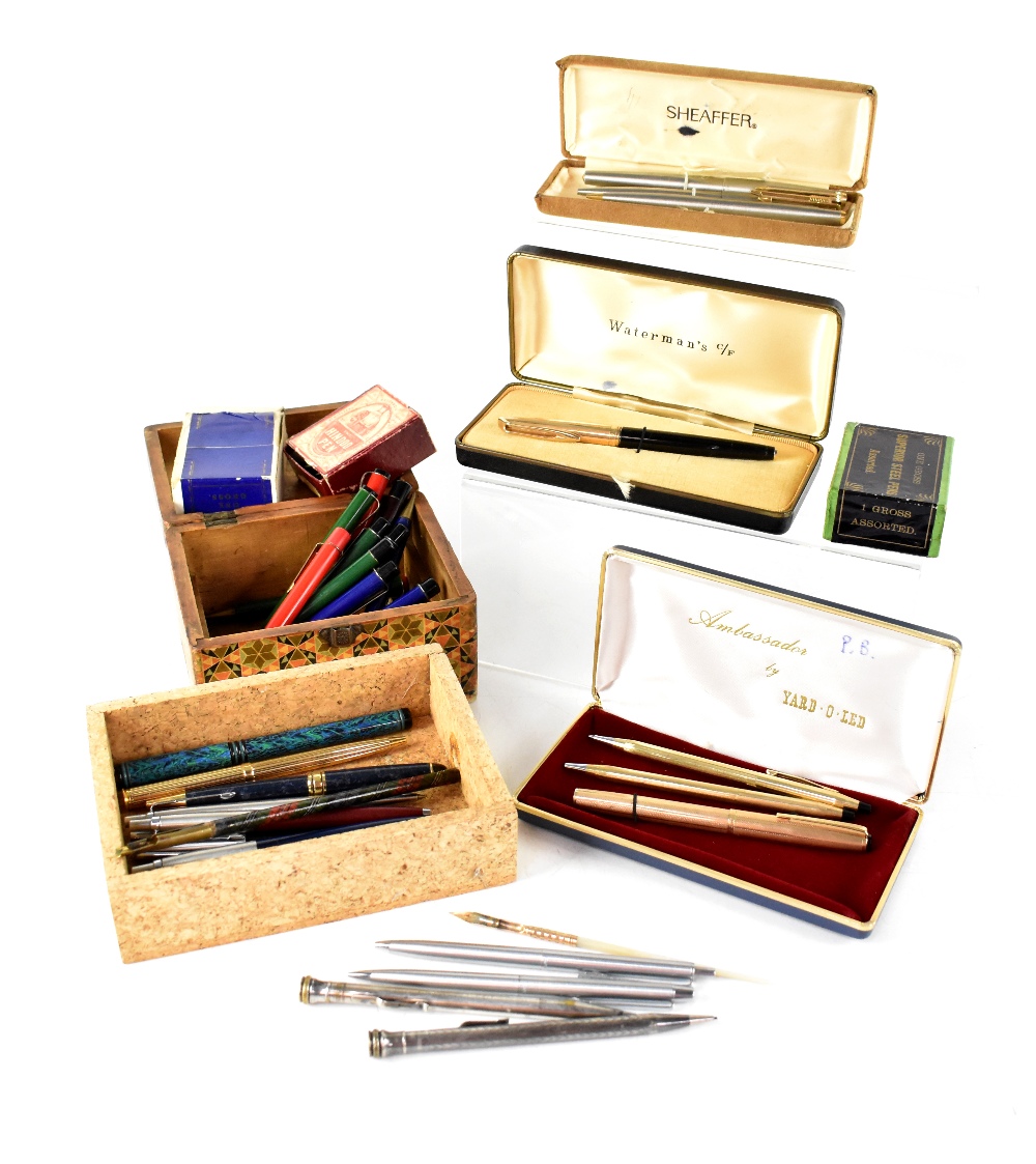 A quantity of vintage fountain and other pens to include a cased Waterman's C/F fountain pen,