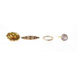 A 14ct gold white stone cluster fashion ring, a 9ct gold pink sapphire and diamond bar brooch,