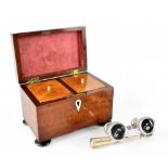 A small mahogany two-division tea caddy with bird's-eye maple interior lids and ivory escutcheon