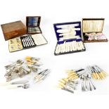 Boxed cutlery sets including a 1940s Walker and Hall fish knife and fork set (unused),