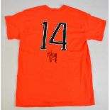 JOHAN CRUYFF; a retro-style cotton Netherlands home shirt, signed to reverse, with printed emblem to