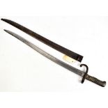 A 19th century French chassepot bayonet with ribbed brass grip and scabbard, length of blade 57cm,