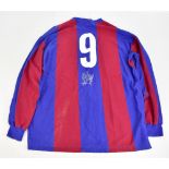 JOHAN CRUYFF; a Toffs cotton retro-style FC Barcelona home shirt, signed to the reverse with further
