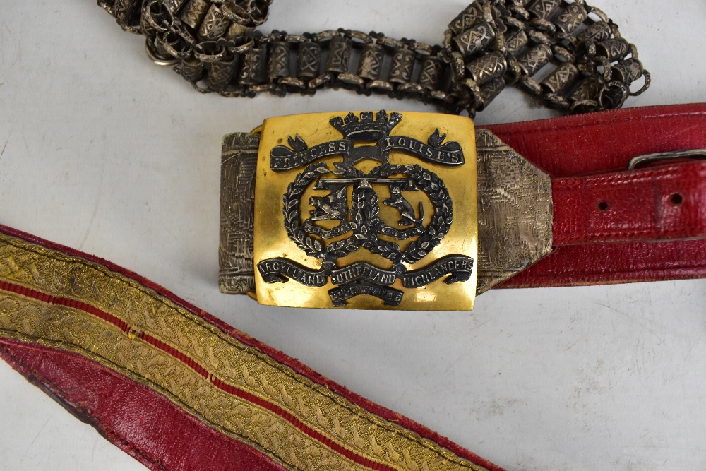 A maroon leather, silk and brass belt with buckle inscribed 'Princess Louisa's Argyle and Sutherland - Image 2 of 3