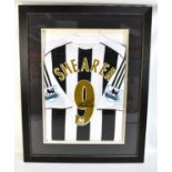 ALAN SHEARER; a Newcastle United signed home shirt, set in contemporary frame, 83.5 x 66.5cm.