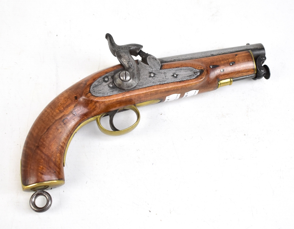 A 19th century walnut stocked percussion cap pistol with belt loop attachment and brass furniture,