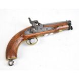 A 19th century walnut stocked percussion cap pistol with belt loop attachment and brass furniture,