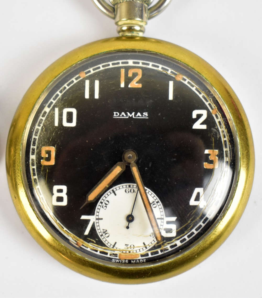 DAMAS; a WWII period base metal military screw wind pocket watch, the dial set with Arabic - Image 3 of 4