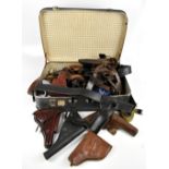 A quantity of leather holsters including belted examples and a R. W. Stiby 1918 Lancashire Police