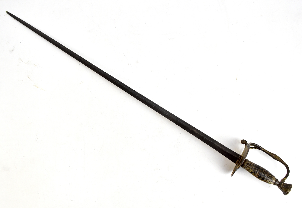 A 19th century court sword with simple wooden grip, heart shaped guard and floral engraved pierced