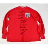 ENGLAND WORLD CUP WINNERS; a Toffs 1966-style home shirt, with embroidered badge, signed by Hurst,