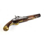 A 19th century walnut stocked percussion cap pistol with brass furniture and steel lock plate,