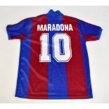 DIEGO MARADONA; a Milla retro-style FC Barcelona home shirt, signed to the reverse with 'Maradona