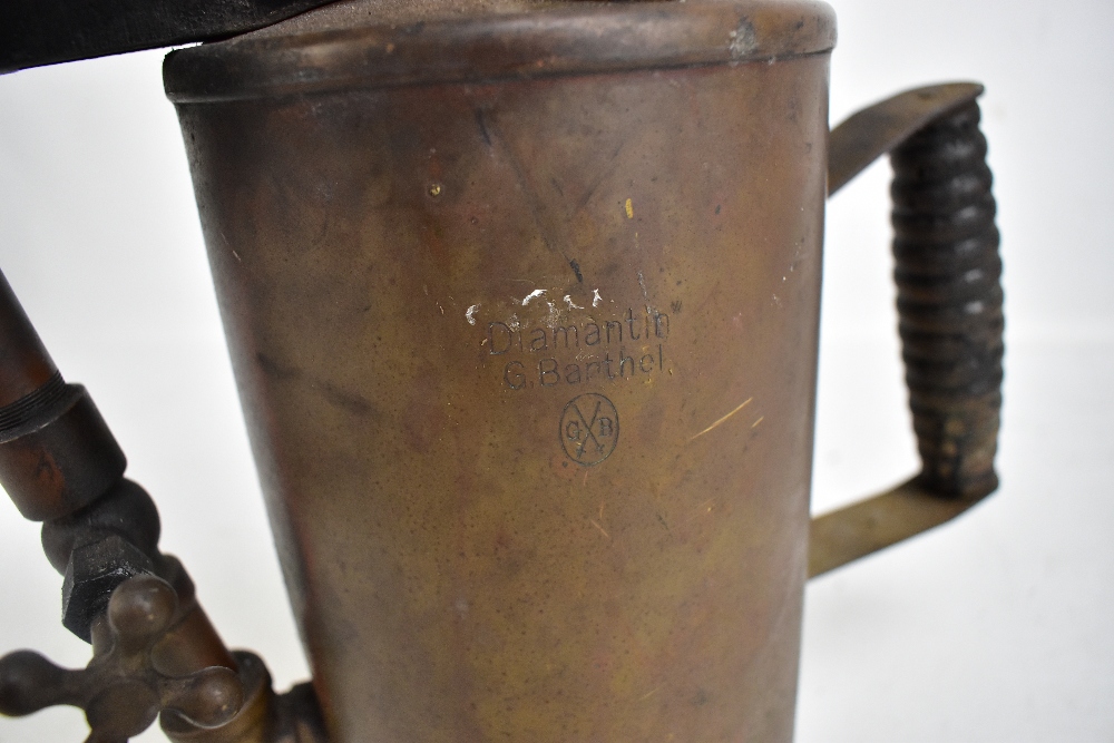 A copper bodied boiler maker's blow lamp, stamped 'Diamantin G. Barthel', with manometer dial, - Image 2 of 4