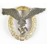 A German WWII Third Reich Luftwaffe pilot's badge, bearing monogrammed maker's mark to the