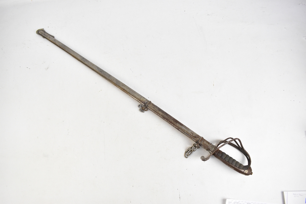 A dress sword with shagreen grip, pierced guard and engraved blade in solid metal scabbard, the - Image 6 of 6