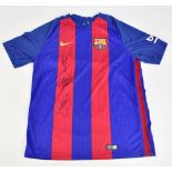 FC BARCELONA; a Nike home shirt signed by Lionel Messi, Luis Suarez and Neymar Jr, size L.Additional
