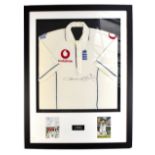 ANDREW 'FREDDIE' FLINTOFF; a signed England cricket shirt, mounted with two related images,