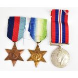 A WWII medal group of three comprising War Medal, Atlantic and 1939-1945 Stars in box of issue,