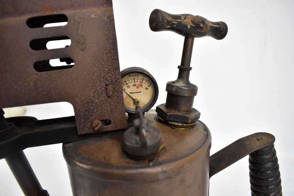 A copper bodied boiler maker's blow lamp, stamped 'Diamantin G. Barthel', with manometer dial, - Image 3 of 4