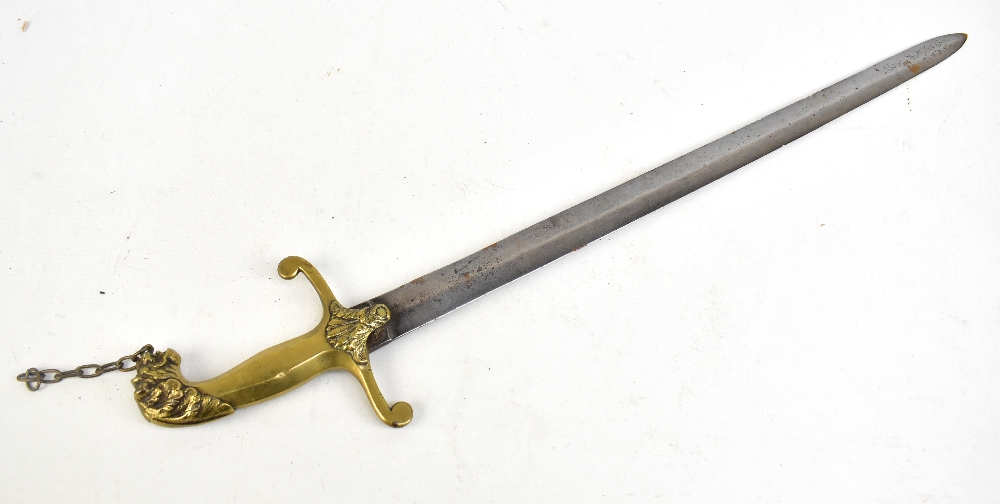 A 19th century short sword (probably naval), the brass hilt with cast foliate detail and lion head