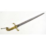 A 19th century short sword (probably naval), the brass hilt with cast foliate detail and lion head