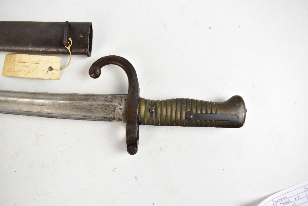 A 19th century French chassepot bayonet with ribbed brass grip and scabbard, length of blade 57cm, - Image 2 of 8