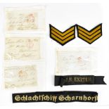 Two cap tallies for H.M.S. Exeter and 'ECHLACHTSCHIFF ECHARNHORST', a pair of three bar cloth