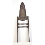 An Indian katar dagger with inlaid foliate detail and push-action revealing the blade, length