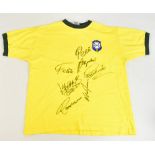 BRAZIL; a Toffs 1970-style cotton home shirt with embroidered badge, signed by Pele, Felix,