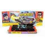 CORGI; a boxed 267 Batmobile with Batman and Robin, chain slasher blade, turbine jet exhaust and