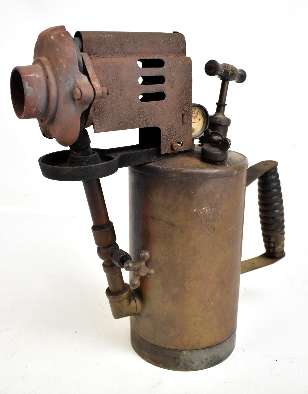 A copper bodied boiler maker's blow lamp, stamped 'Diamantin G. Barthel', with manometer dial,