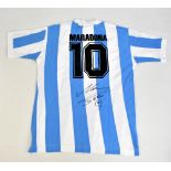 DIEGO MARADONA; a Toffs cotton retro-style Argentina home shirt, signed to reverse with 'Maradona