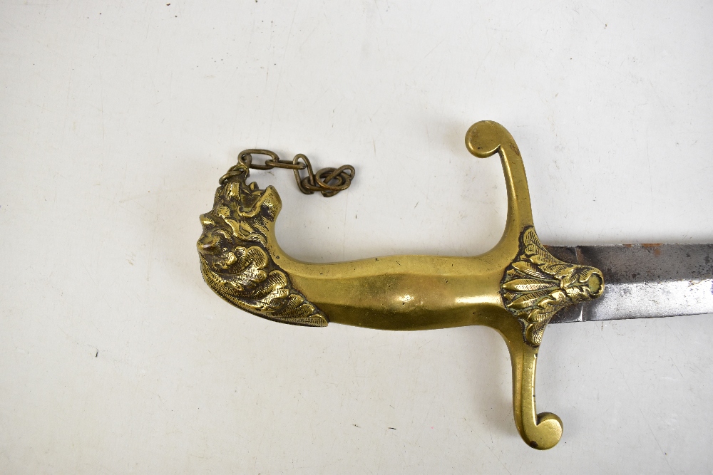 A 19th century short sword (probably naval), the brass hilt with cast foliate detail and lion head - Image 2 of 3