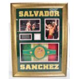 SALVADOR SANCHEZ (1959-1982); a framed montage featuring an autograph, photographs and replica WBC