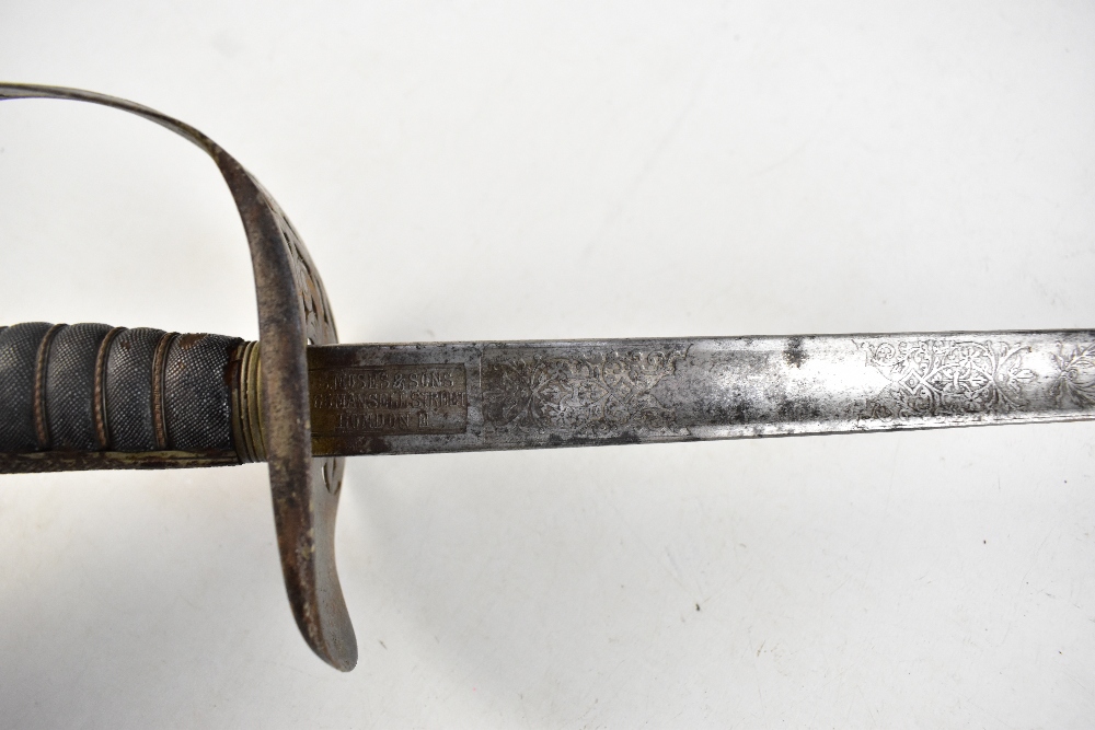 A George V officer's dress sword with pierced guard, wire-work shagreen grip and engraved blade by - Image 5 of 7